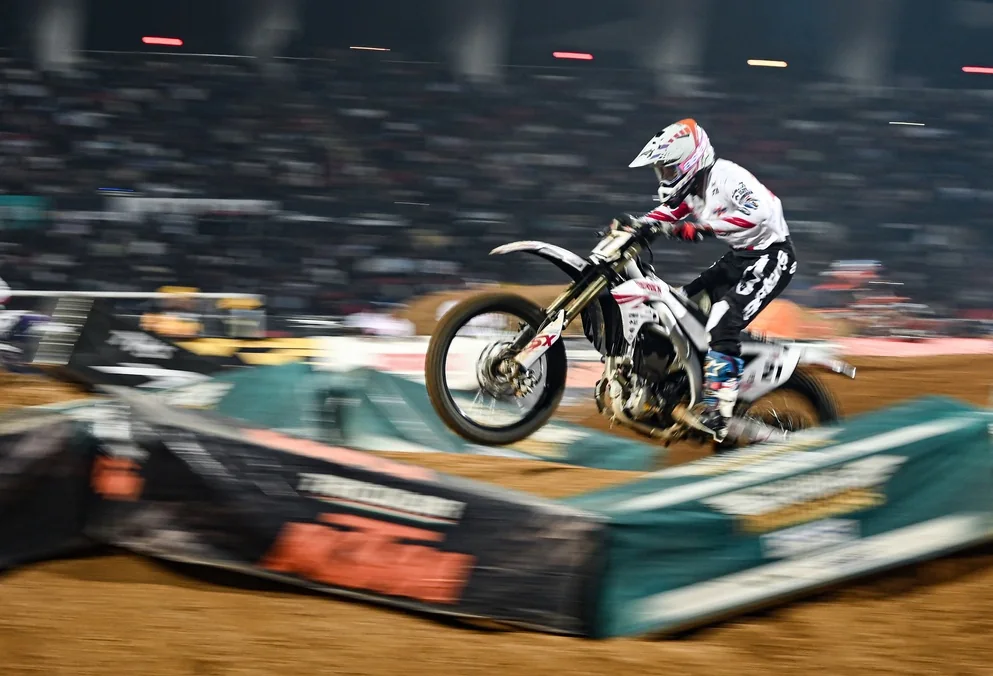 Tyler Bowers races in the Indian Supercross Racing League at Gachibowli Stadium, Hyderabad.
